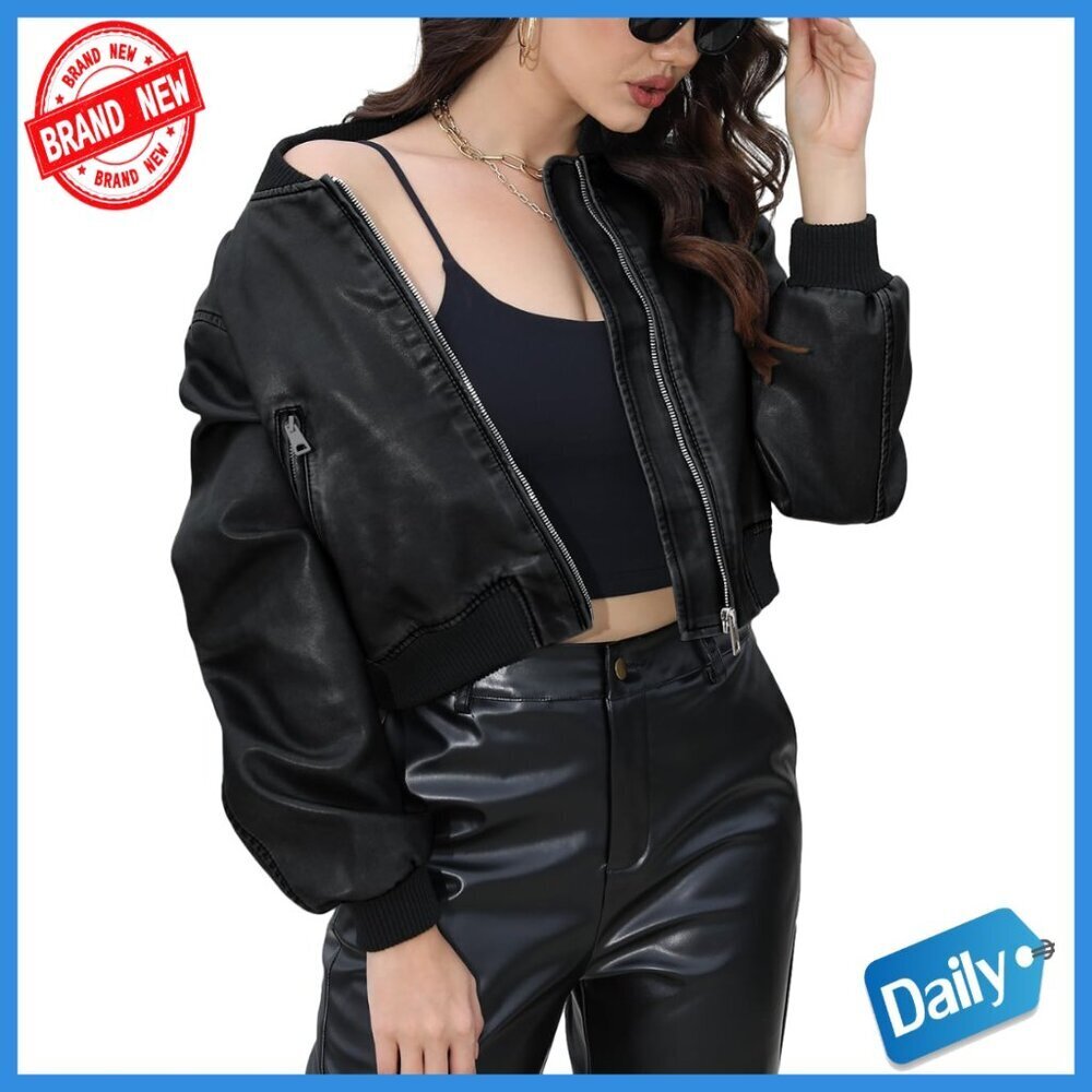 Cropped Faux Leather Bomber Jacket Slim Fit Zip Up with Pockets